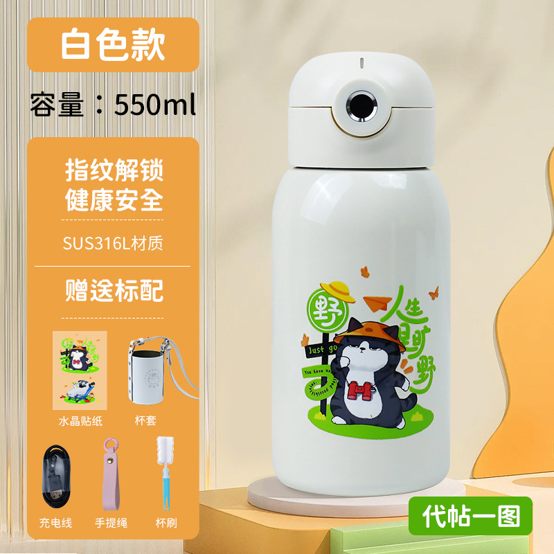 Factory Patented New Fingerprint Unlocking Children's Bouncing Straw Water Cup, Fully Equipped Stainless Steel Children's Thermos Cup