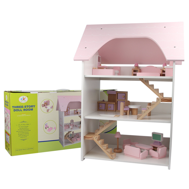 Wooden Children's Toy Room Simulation Play House Girl Princess Three-layer Villa Doll House Furniture Toy suit