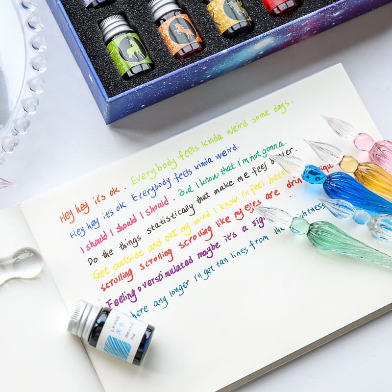 Free Starry Sky Pen Glass Pen Gradient Color Gift Box Set Dip Pen Business Gift Pen Student Crystal Pen
