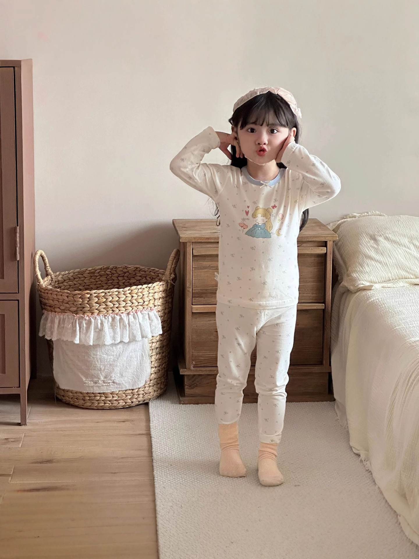 Green Bole & Little Fish Lolo In-Stock Class a Skin-Friendly Lycra Cotton Children's Loungewear Pajamas Thermal Underwear Set