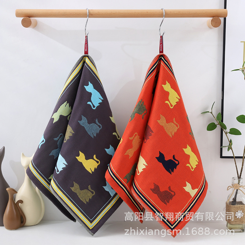 Zhiyang towel four-layer jacquard colorful cat gauze cotton face towel soft absorbent face towel factory price wholesale