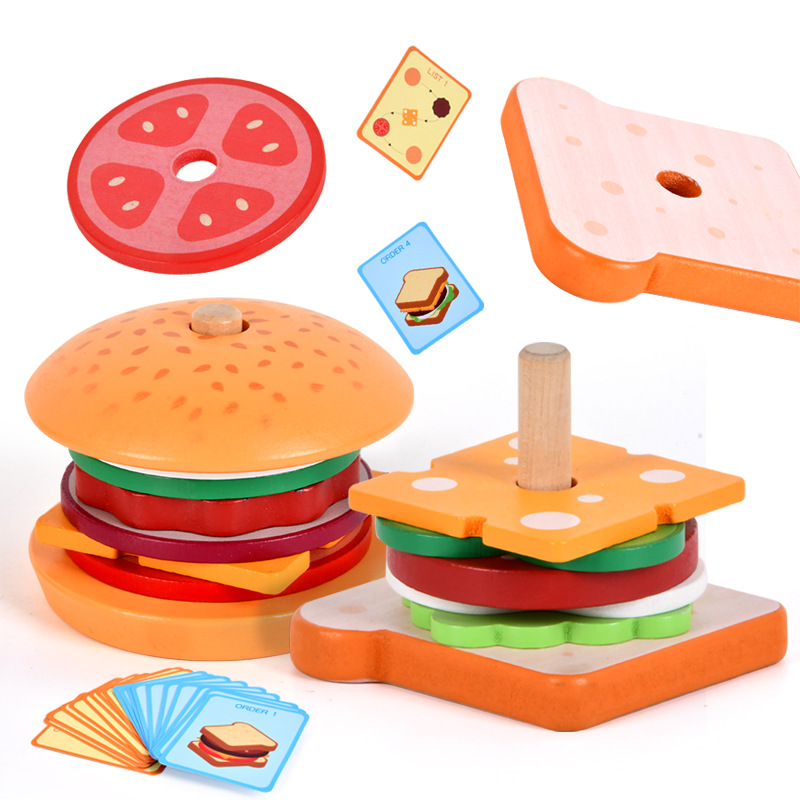 Baby wooden simulation hamburger French fries sandwich set column matching food cutting Music Kitchen tableware play house play