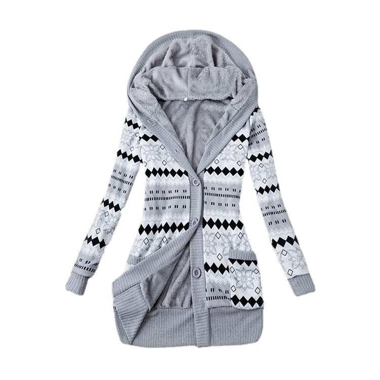 Real Shot of 2022 European and American Aliexpress New Velvet Thickeneded Printed Hooded Knitted Cardigan Jacket Factory Direct Sale