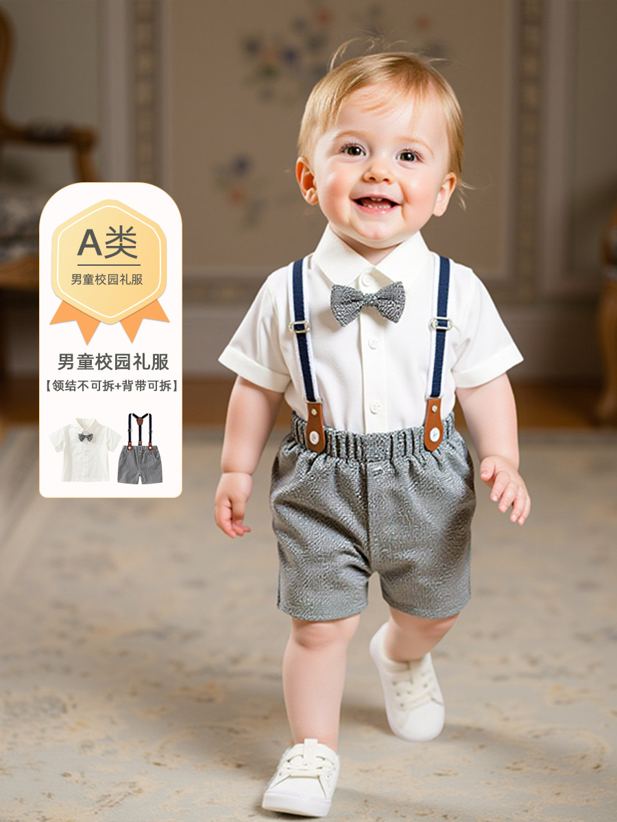 One-year-old dress children's clothing in stock children's bow tie shirt suspenders suit boys' school children's 61 performance garden clothing