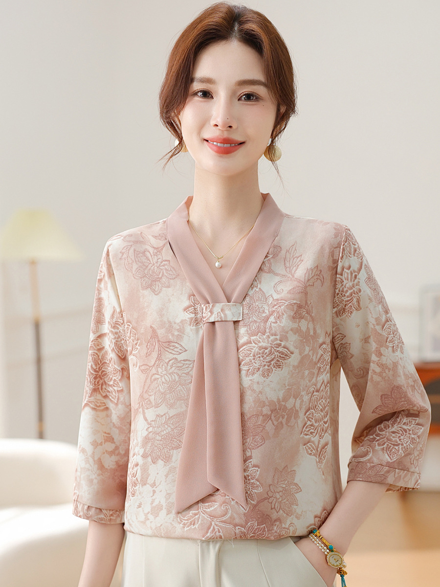 Qiao Yaying Mother's Mother's Day Top Summer Explosions Printed Top plus size Middle-aged and Elderly Women's Base Shirt