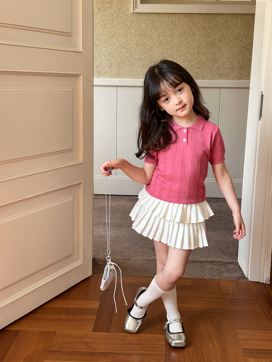 Aimo Beibei Girls Summer Pure Color Knitted Cable T-Shirt Kidsren's Casual Korean Style Polo Lapel Short-Sleeved Top