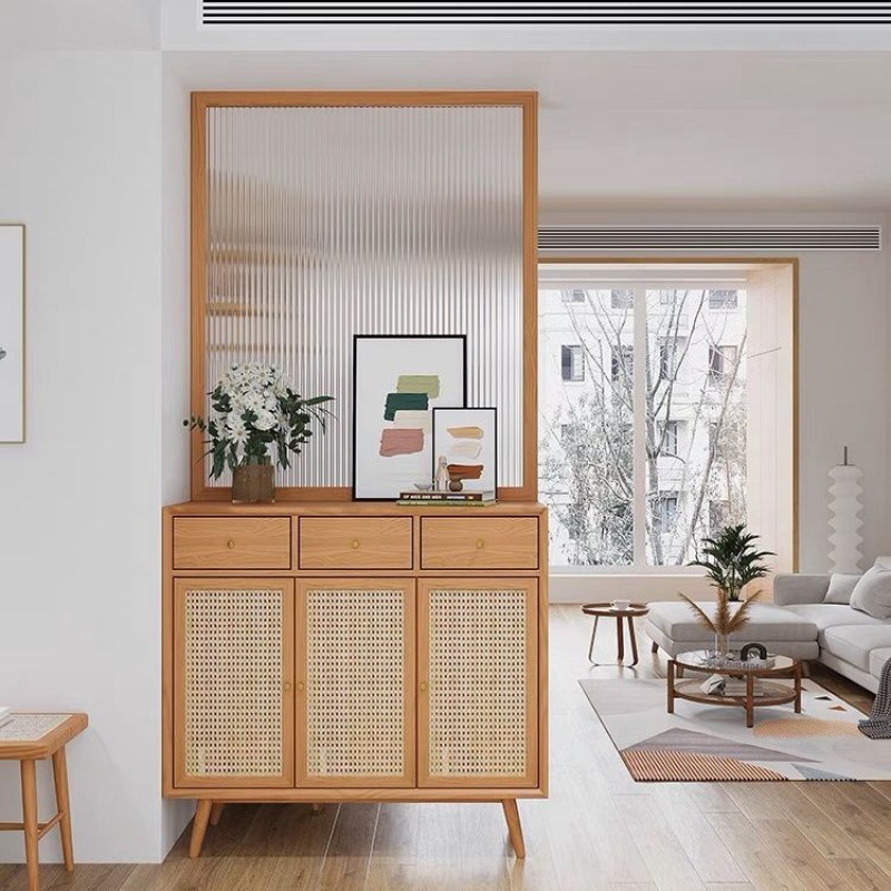 Japanese-Style Cherry Wood Entryway Rattan Cabinet with Long Rainbow Glass, Small Apartment Partition Cabinet, Foyer Screen Integrated Shoe Cabinet