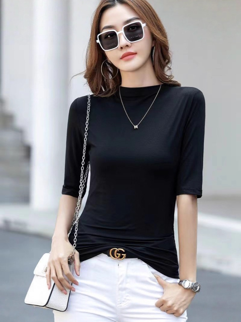 Ribbed Cotton Half-High Collar T-Shirt for Women, Solid Color, Stretchy, Long and Short Sleeve Options, Slim Fit, Base Layer Top, Autumn Top