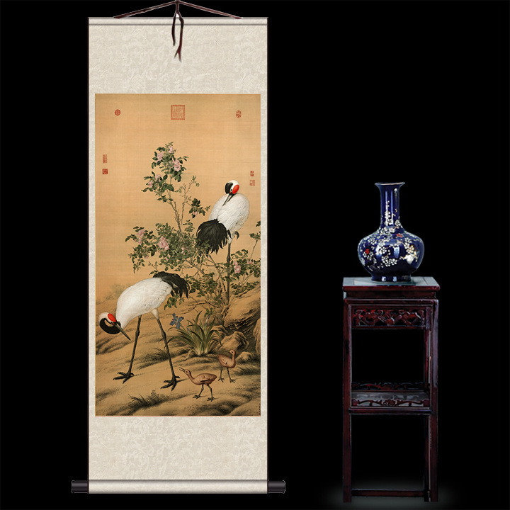 Maquan White-Headed Crane Picture of Three Yangs Opening Tai Flower and Bird Painting Silk Scroll Painting Living Room Home Decoration Painting
