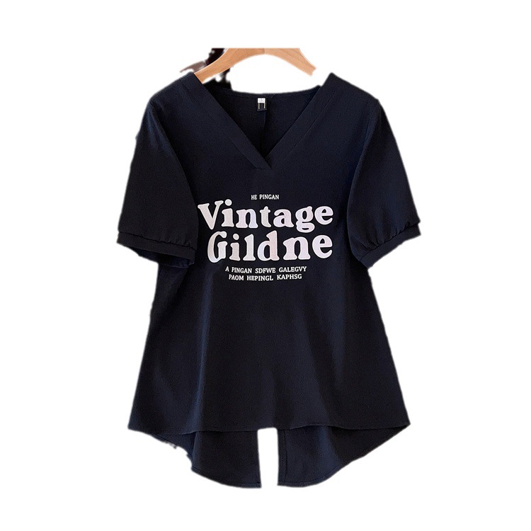 Plus Size Women's Back-Slit Short-Sleeve T-Shirt, Summer 2025 New Korean Style, Loose Fit, Slimming, Figure-Flattering V-Neck Top for Women