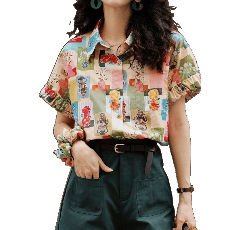 Colorful Short-Sleeved Shirt for Women 2025 Summer Hong Kong Style Design Fresh Top Green Shorts Full Set for Commuting