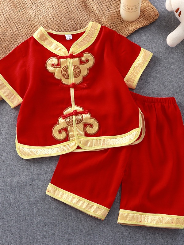 Китайский стиль 2025 мальчика костюм Танг с драконьей молитвой из искусственного хлопка короткий рукав двойной единорог для выступлений