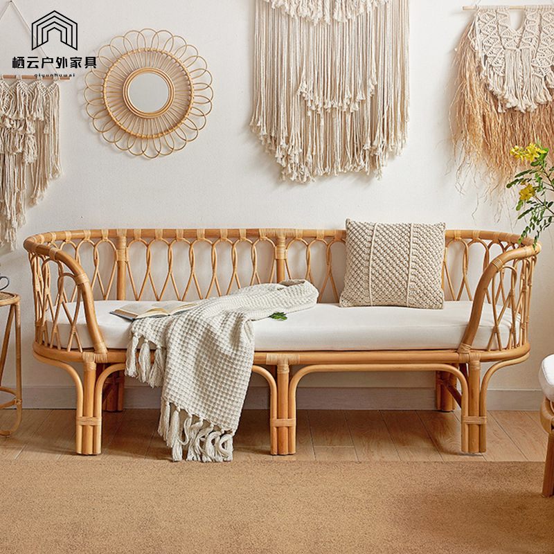 Hotel Homestay Natural Rattan Bed Three-person Double Real Rattan Sofa Bed Waterproof Sunscreen Leisure Sofa Bed Combination