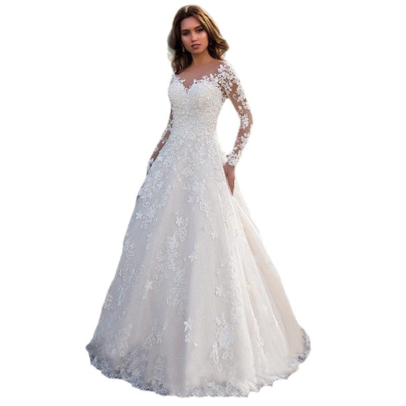 2025 Cross-Border Spring New European and American Clothing Amazon Long-Sleeved One-Shoulder Bridal Wedding Dress Long Skirt