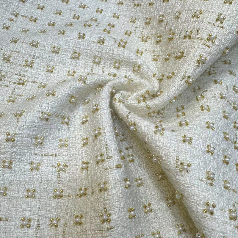 New Style Tweed Fabric with Gold Thread Embroidery for Jackets and Dresses in Autumn and Winter