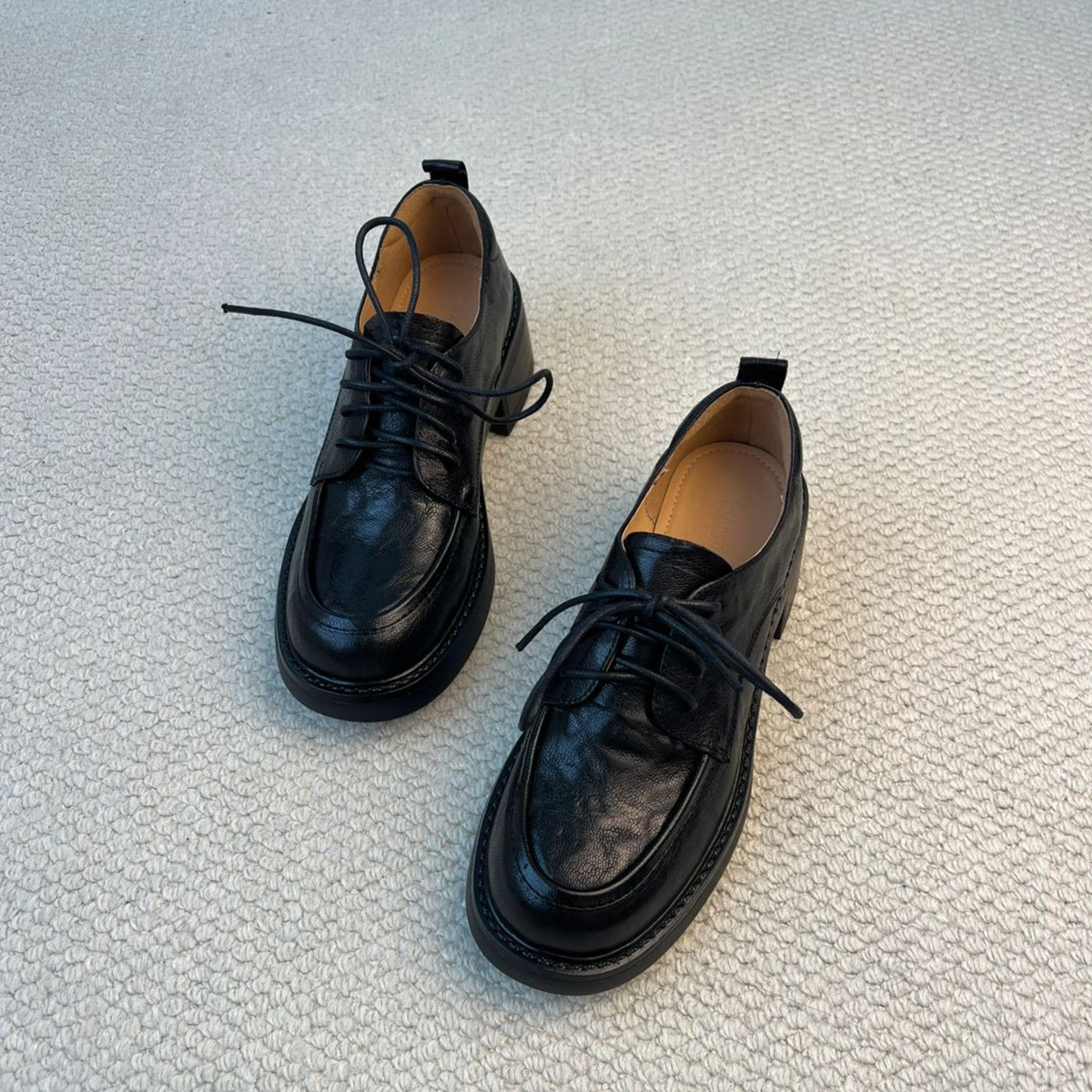 Sheepskin Version ~ College Style Lace-Up Thick-Heeled Loafers for Women, Genuine Leather Versatile Thick-Soled Flats, Casual British Small Leather Shoes