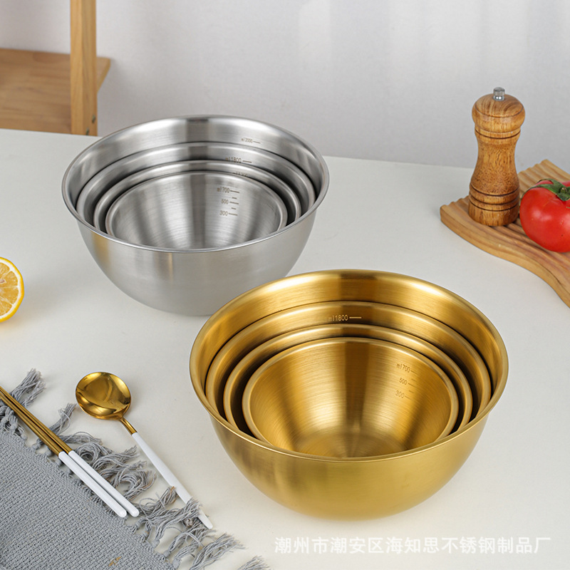 Stainless Steel Salad Bowl Egg Beating Bowl 304 Japanese Style with Scale Baking and Mixing Bowl Golden Bowl Cooking Bowl Mixing Bowl