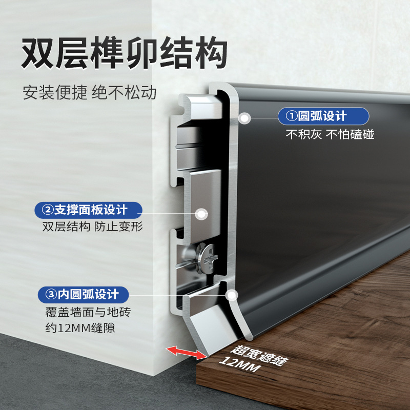 Cross-Border Baseboard Aluminum Alloy Baseboard 6cm Ultra-Thin Double-Layer Metal Buckle Baseboard Aluminum Alloy Baseboard