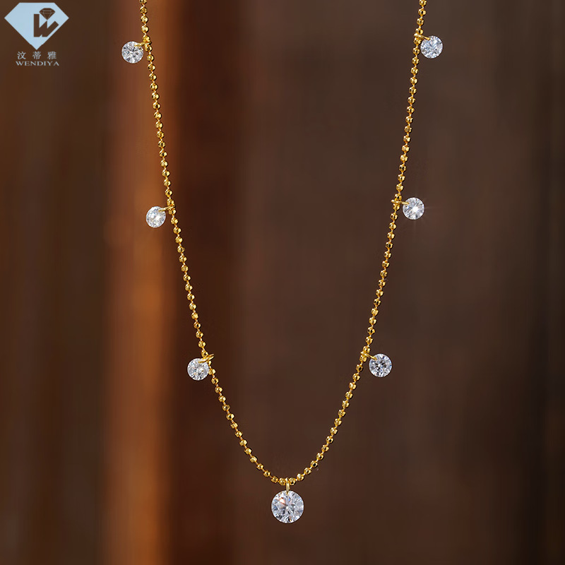 18K Gold New Women's Necklace with Cultivated Diamond, Perforated Diamond Tassel Chain, Suspended Necklace with Cultivated Diamond in Stock