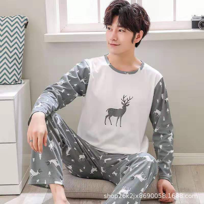 Men's Pajamas Long Sleeve Pants Spring and Autumn Thin Dad Large Size Casual Home Wear Factory Foreign Trade Cross-border Explosions