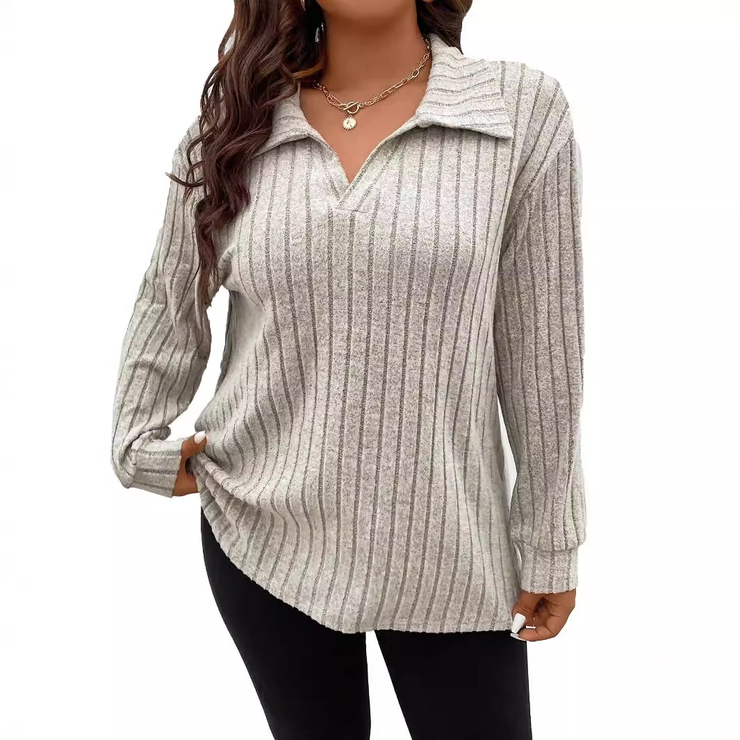 2025 Amazon Autumn and Winter New Pure Color Plus Size Women's Tops V-Neck Lapel Long-Sleeved Pit Brushed T-Shirt Loose