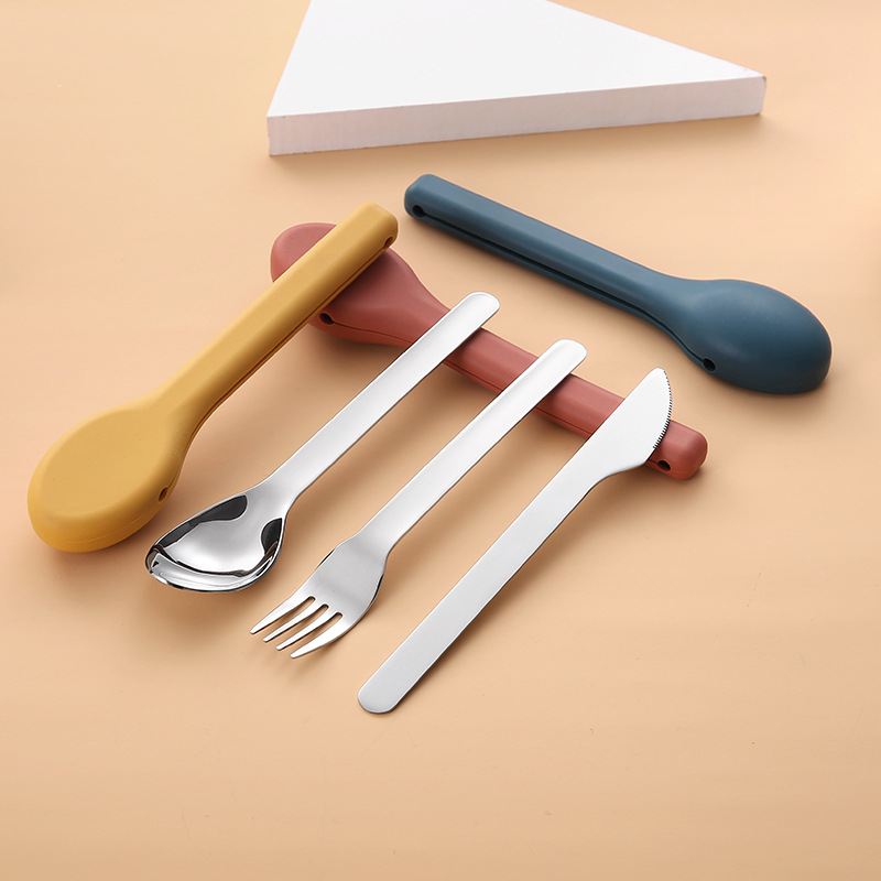 Creative silicone case 304 stainless steel portable tableware suit outdoor camping tableware travel knife fork spoon suit