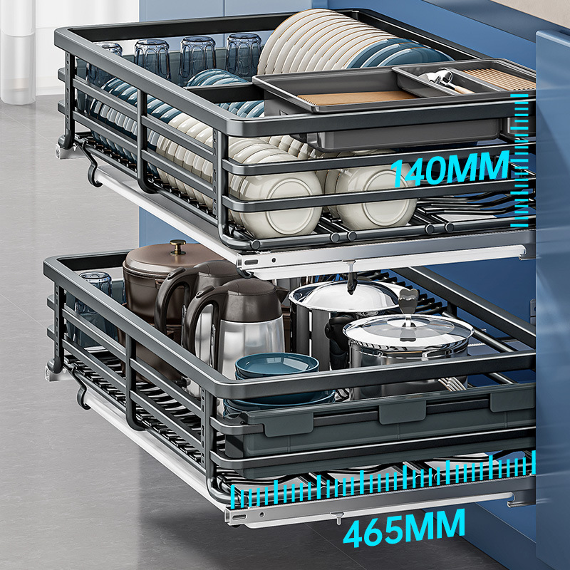 Drawer basket kitchen cabinet drawer-type double-layer storage bowl chopsticks dish rack 304 stainless steel basket seasoning storage pull blue