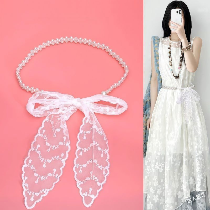 Summer White Lace Dress for Women with Bow Tie, Pearl Scarf Tie, Elastic Waist Decoration Belt