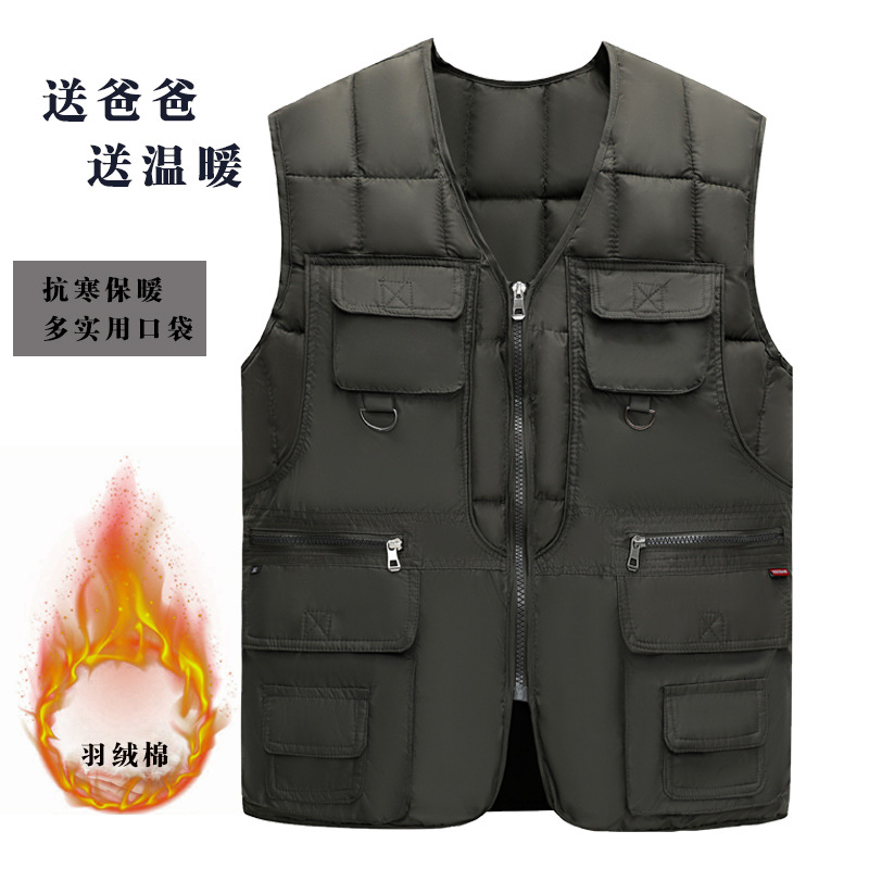 Autumn and Winter New Men's Down Cotton Vest Thickened Warm Casual Dad Vest Wear Ten Pockets Waistcoat Inside and Outside