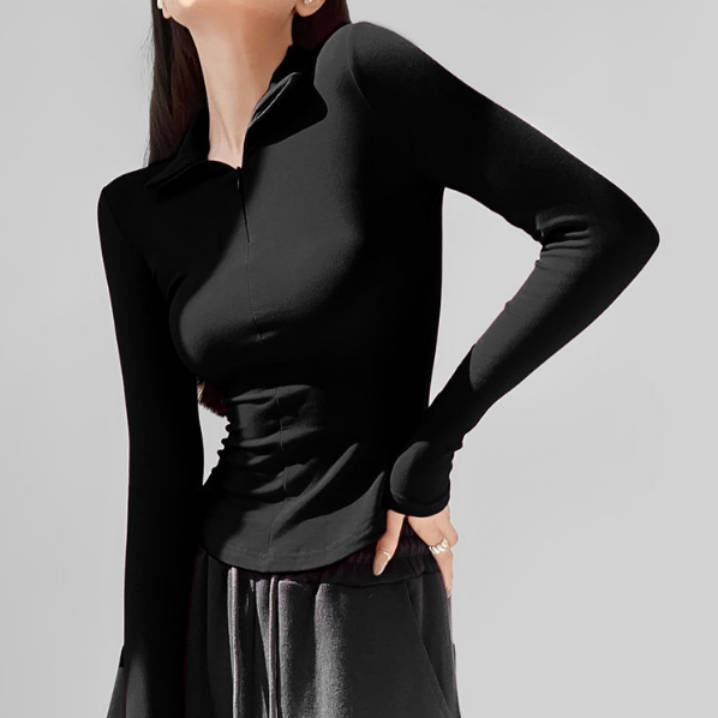 2024 European and American Style Slim-fit Top Sexy Lapel Long-sleeved T-shirt Women's Spice Girls Pinch Waist Inner Base Shirt for Autumn and Winter