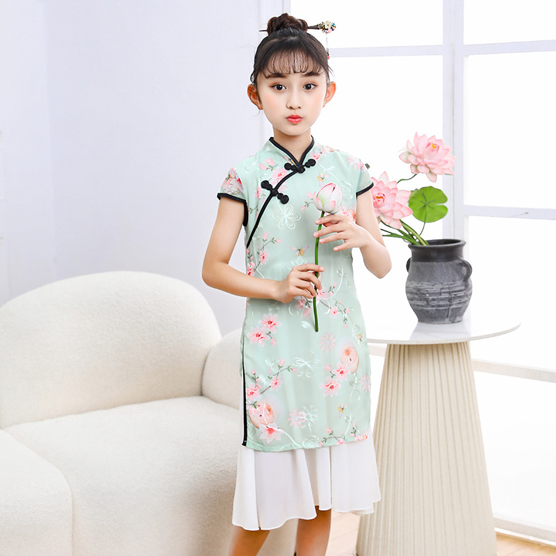 Новый чонгсам для девочек 2023 года шифоновое платье с вышивкой китайского стиля