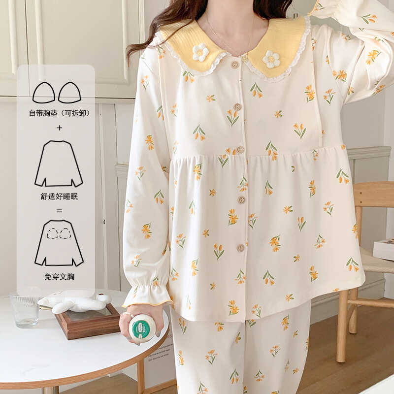 Maternal confinement with chest pad, December confinement, postpartum breastfeeding, autumn and winter, pure cotton pregnant women's pregnancy pajamas