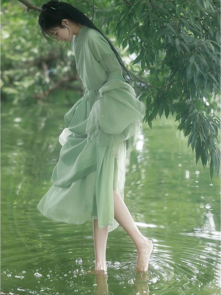 Зеленый элегантный ханфу династии Хань полный комплект Вэй и Цзинь с перекрестным воротником древние костюмы супер фея свежий и элегантный стиль