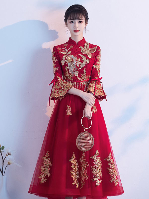 Новое китайское платье для тостов, невеста, 2025, новое свадебное, помолвочное, винного цвета, платье чонгсам, юбка для покрытия живота, для детей