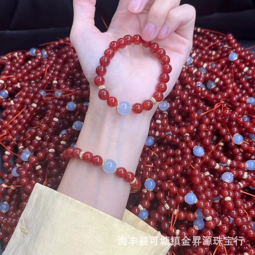 Natural Red Agate Bracelet Southern Red Bracelet with Aquamarus Female Niche Summer Fashion Birthday Gift Same Style