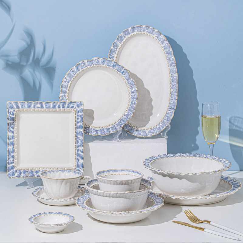 Креативная посуда Smoke Blue: набор мисок и тарелок, простая керамика с подглазурной окраской