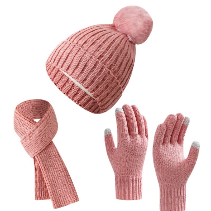 New cross-border Europe and the United States solid color knitted hat scarf gloves three-piece set winter warm wool high-grade suit