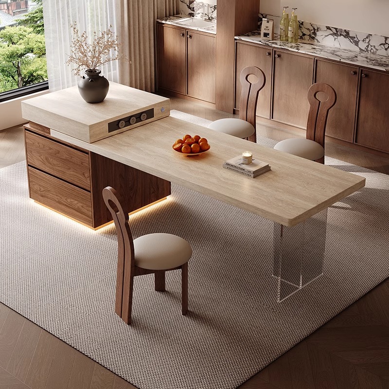 Medieval Style Island Table Dining Table Integrated Household Retractable 2025 New Kitchen Island Small Apartment Slate Island Table