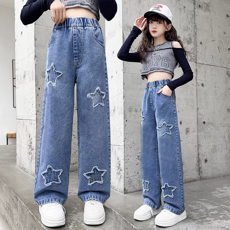 Girls' Straight-Leg Jeans Spring and Autumn Western Style Little Girl's Large Children's Autumn Casual Loose Children's Wear Wide-Leg Pants