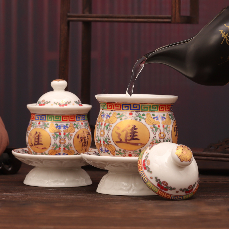 Ceramic Tang Color Water Supply Cup Buddha Sacred Cup Xianjia Guanyin Water Purification Cup Holy Water Cup Home Buddha Front Sacred Ornaments