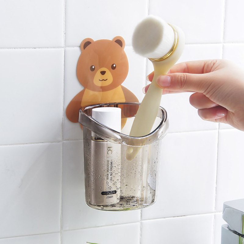 Toothbrush Holder Bear Cup Wall-Mounted Adhesive Cup Holder Drainage Bathroom Toothbrush Cup Wall Mount