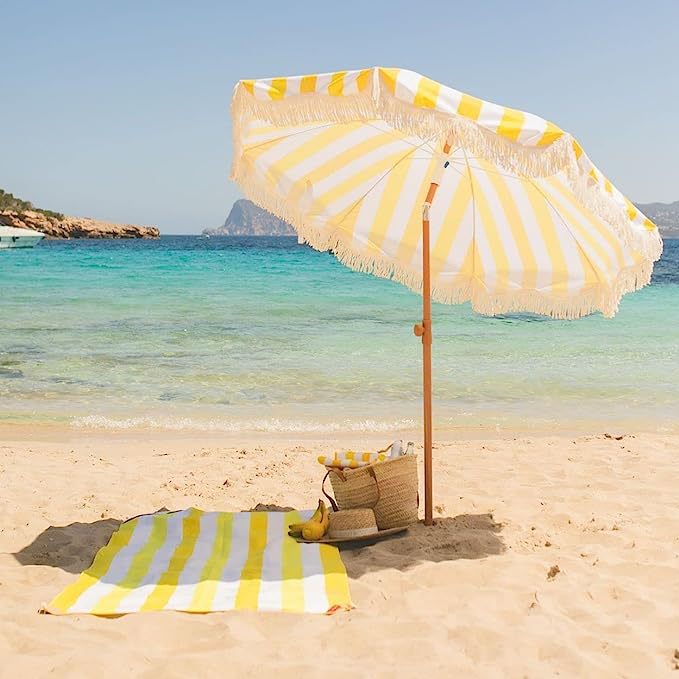 Cross-Border Hot Selling 2m Yellow Stripesd Umbrella with Tassels Outdoor Sunshade Beach Umbrella Courtyard Camping Style Sun Umbrella