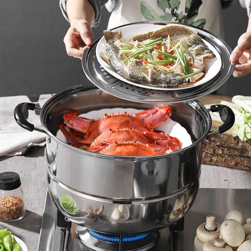 Extra Thick Stainless Steel Double Layer Steamer Household Steamer Large Size Soup Pot Steaming Steamed Fish Steamer Universal Induction Cooker Gas Stove