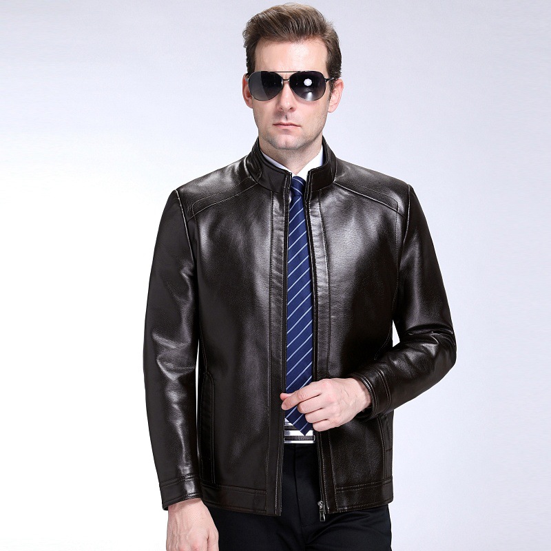 Autumn and Winter Genuine Leather Jacket Men's Haining Short Goatskin Jacket Flip Stand Collar Middle-Aged Leather Jacket Hot Style