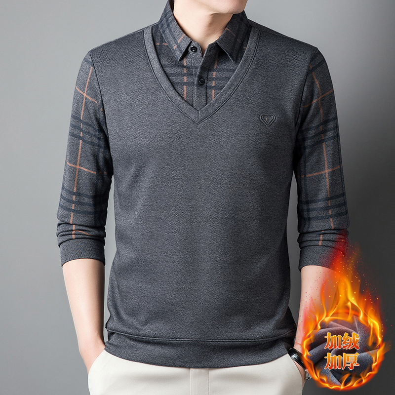Dad's Fake Two-piece Men's All-match Winter fleece-lined Thickened Base Shirt Men's Middle-aged Shirt Collar Warm Top