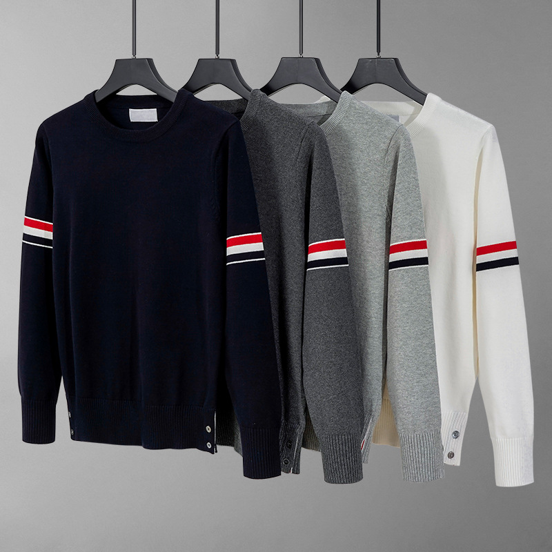 Весенне-осенние комплекты для пар, Timsblanc, свитер с круглым вырезом, красно-белая полосатая вязка, 2026-1