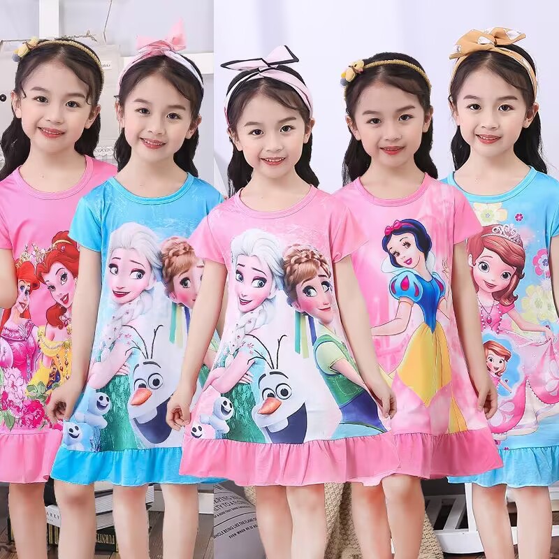 Летняя тонкая ночная рубашка для детей, круглый вырез, короткий рукав, принт принцессы, домашняя одежда для девочек