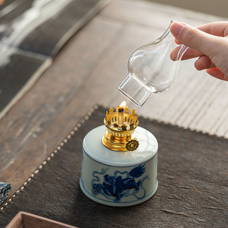 Kiln Change Ceramic Changming Lamp Tea Room Ornaments Home Creative Blue and Flower Butter Lamp Camping Atmosphere Lamp Decorations