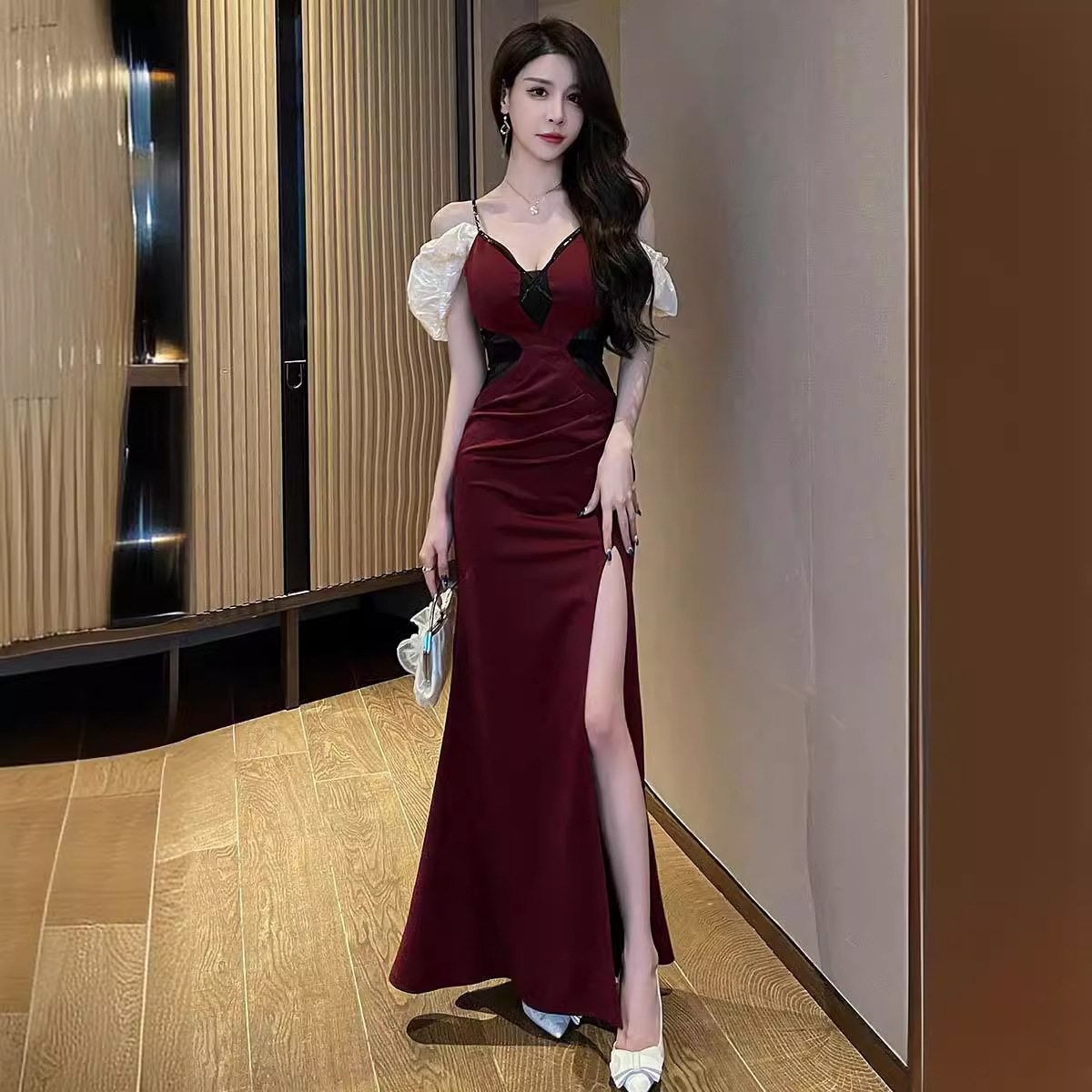 Elegant New Style Celebrity High Split Evening Dress Birthday Dress Summer Night Shop Sexy Off-shoulder dress