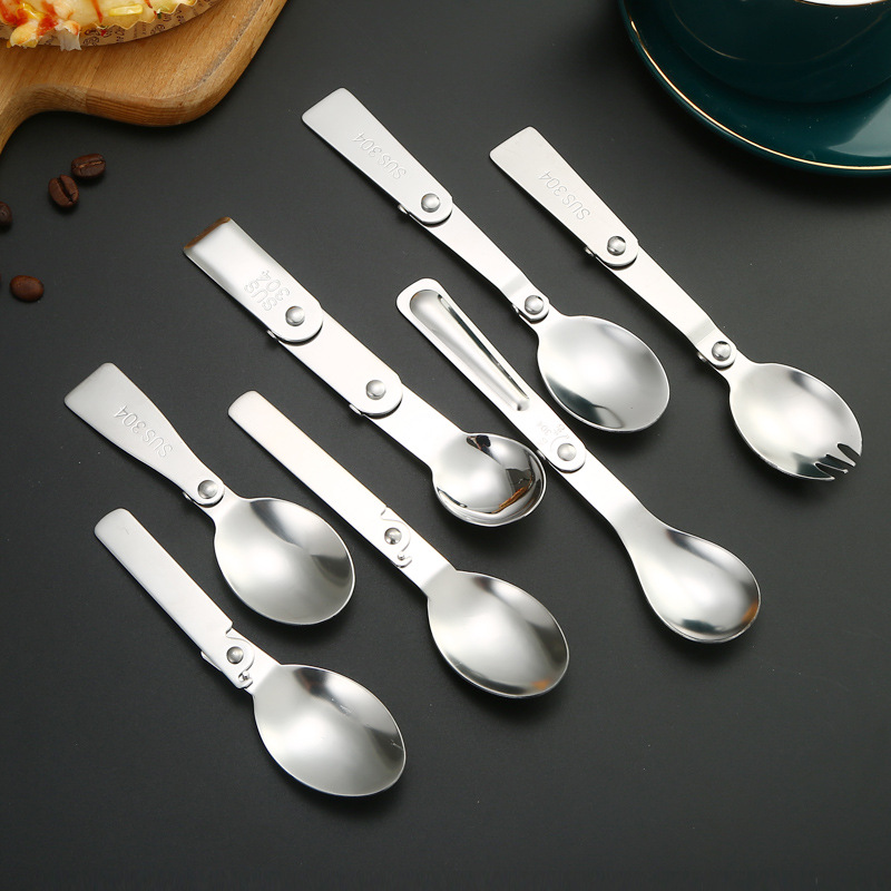 Folding spoon tableware knife storage bag creative outdoor camping tableware set logo stainless steel folding spoon